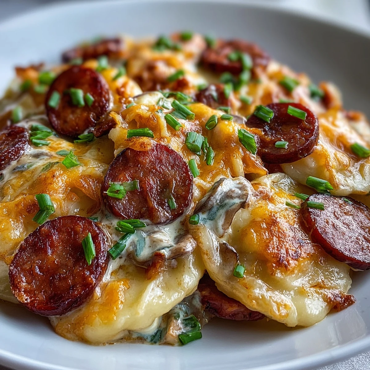 Fully assembled Crockpot Pierogi Casserole With Kielbasa in a gray ceramic dish, garnished with parsley and ready to serve.