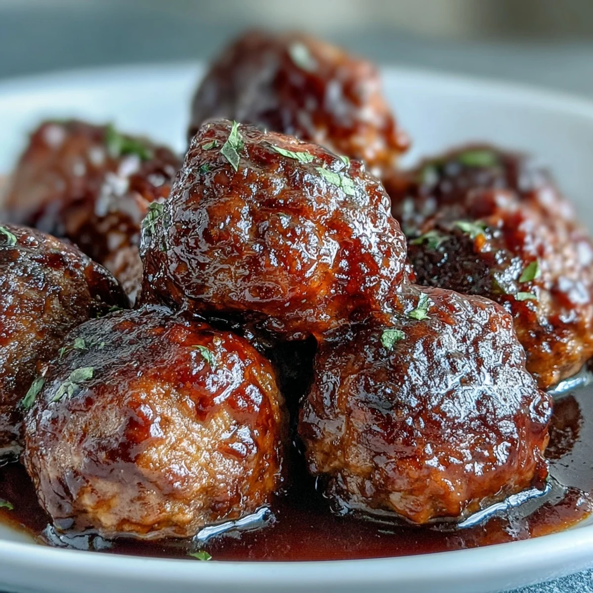 Juicy Slow Cooker Peach Glazed Meatballs studded with garlic and Parmesan, coated in a glossy orange glaze with flecks of red pepper.