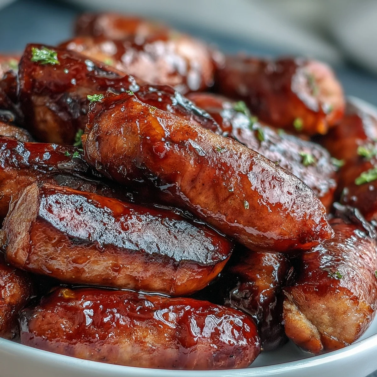 Slow-cooked Crock Pot BBQ Cocktail Sausage bubbling in a sweet tangy glaze beside kettle chips and crusty bread.