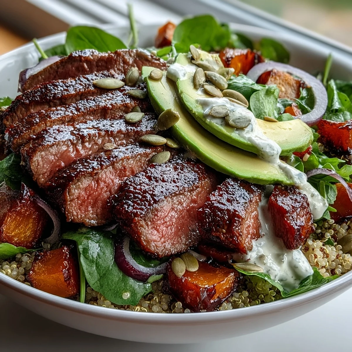 Golden butternut squash steak bowls feature smoky sliced steak, vibrant avocado, and a zesty lime cilantro drizzle.