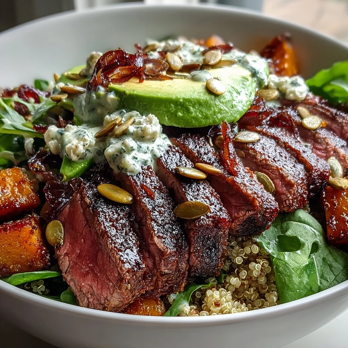 Fluffy quinoa and fresh greens cradle smoky steak in these butternut squash steak bowls with creamy avocado.
