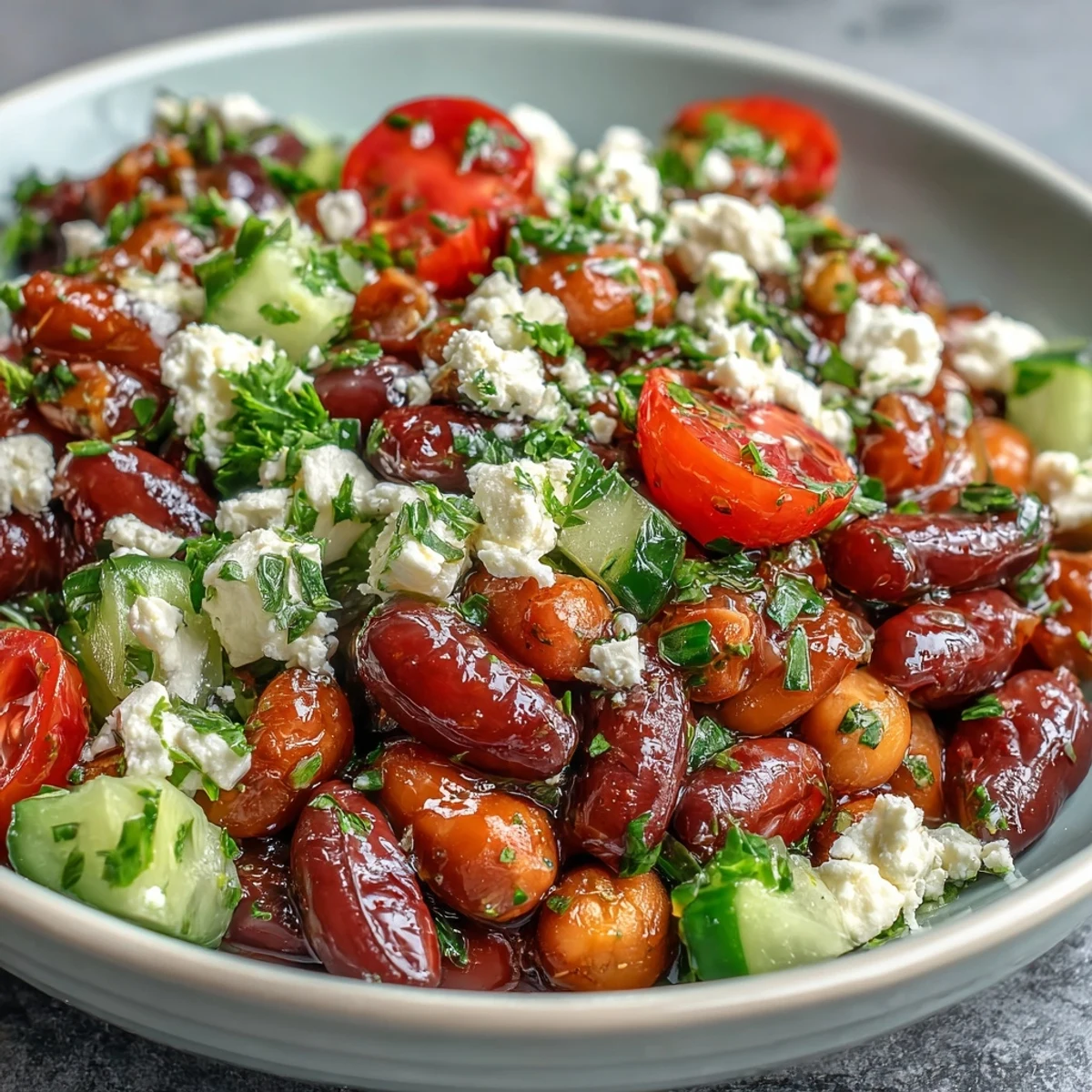 A vibrant bowl of Greek Bean Salad features juicy tomatoes, briny Kalamata olives, and crumbled feta cheese tossed with herbs.