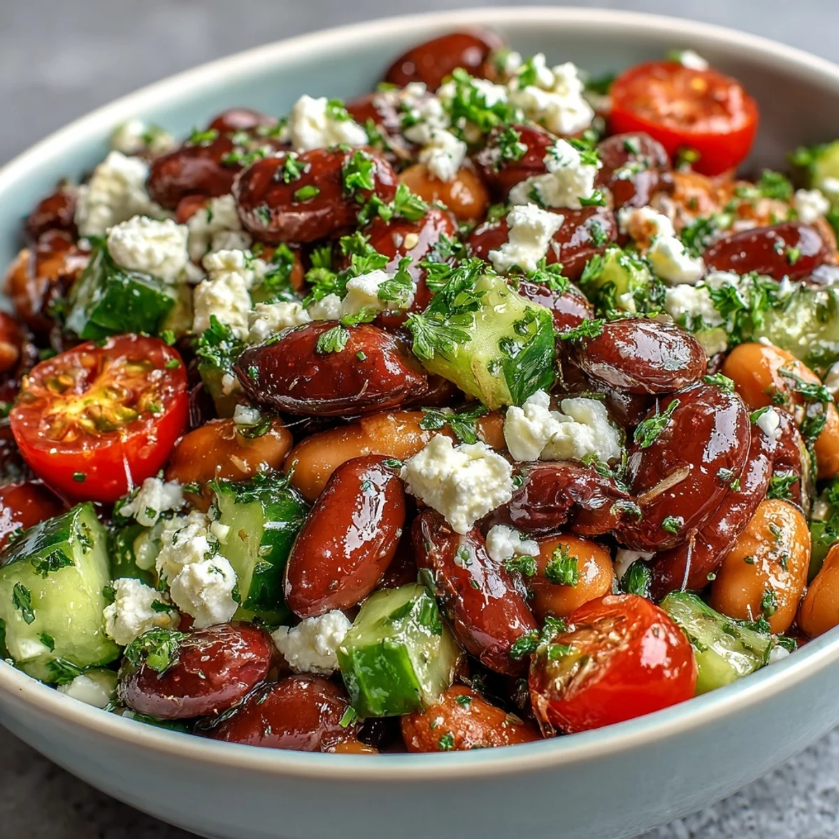 Freshly marinated Greek Bean Salad with lemon-oregano dressing, creamy feta, and crisp cucumbers served in a rustic white bowl.