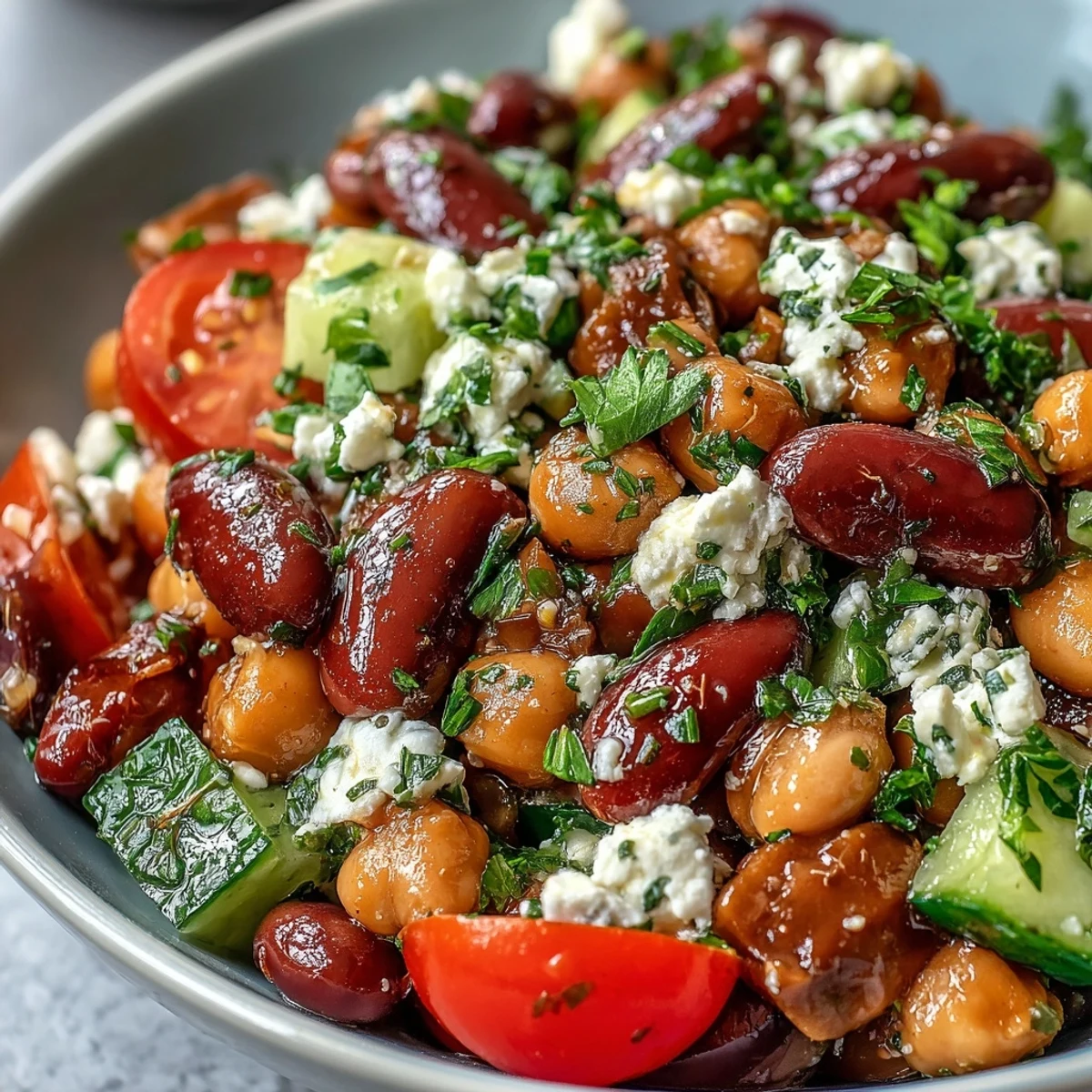 Colorful Greek Bean Salad with kidney beans and chickpeas, bright lemon zest, and fresh dill on a sunlit table.