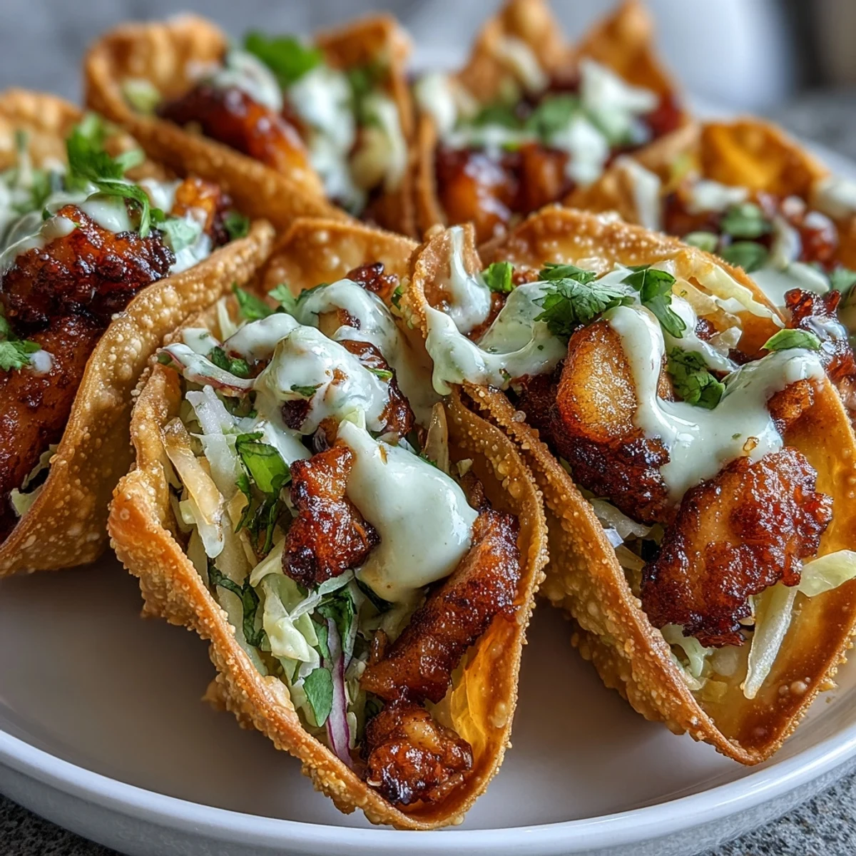 Golden-brown Crispy Chicken Wonton Tacos served with spicy mayo drizzle, ready to eat for an Asian fusion dinner.