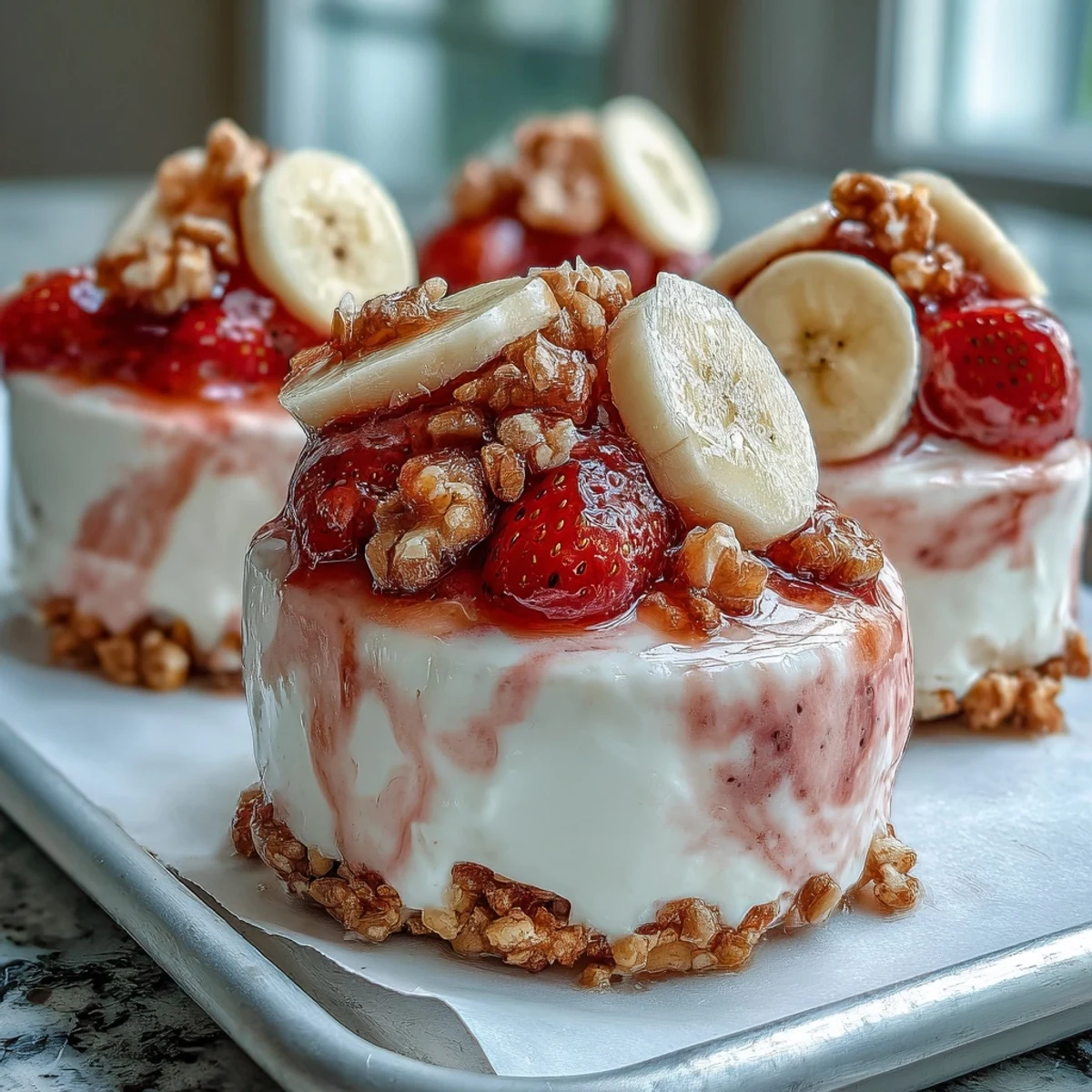 Frozen Strawberry & Banana Yoghurt Clusters are ready to eat, featuring marbled pink and yellow swirls studded with crunchy fruit pieces.