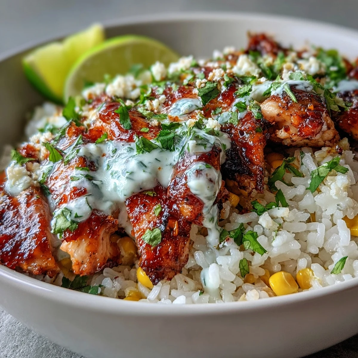 Vibrant Street Corn Chicken and Rice Bowls feature citrus-marinated chicken thighs and fluffy rice topped with smoky charred corn, zesty crema, and crumbled cotija cheese.