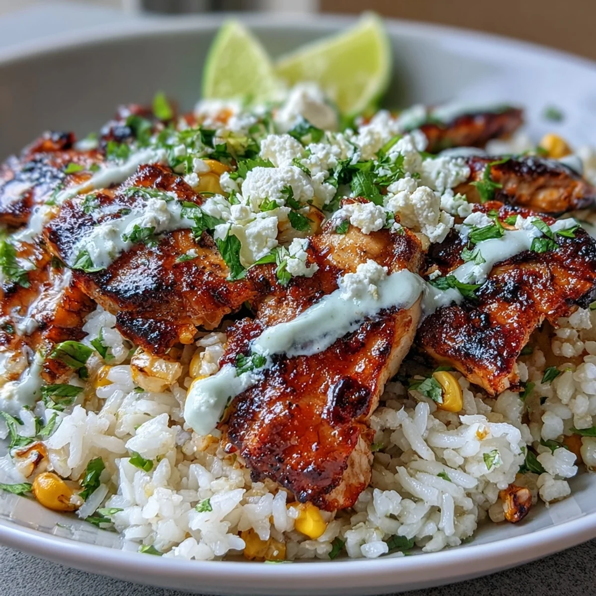A close look at Street Corn Chicken and Rice Bowls reveals golden-brown chicken slices beside bright corn, drizzled with crema and fresh lime wedges.