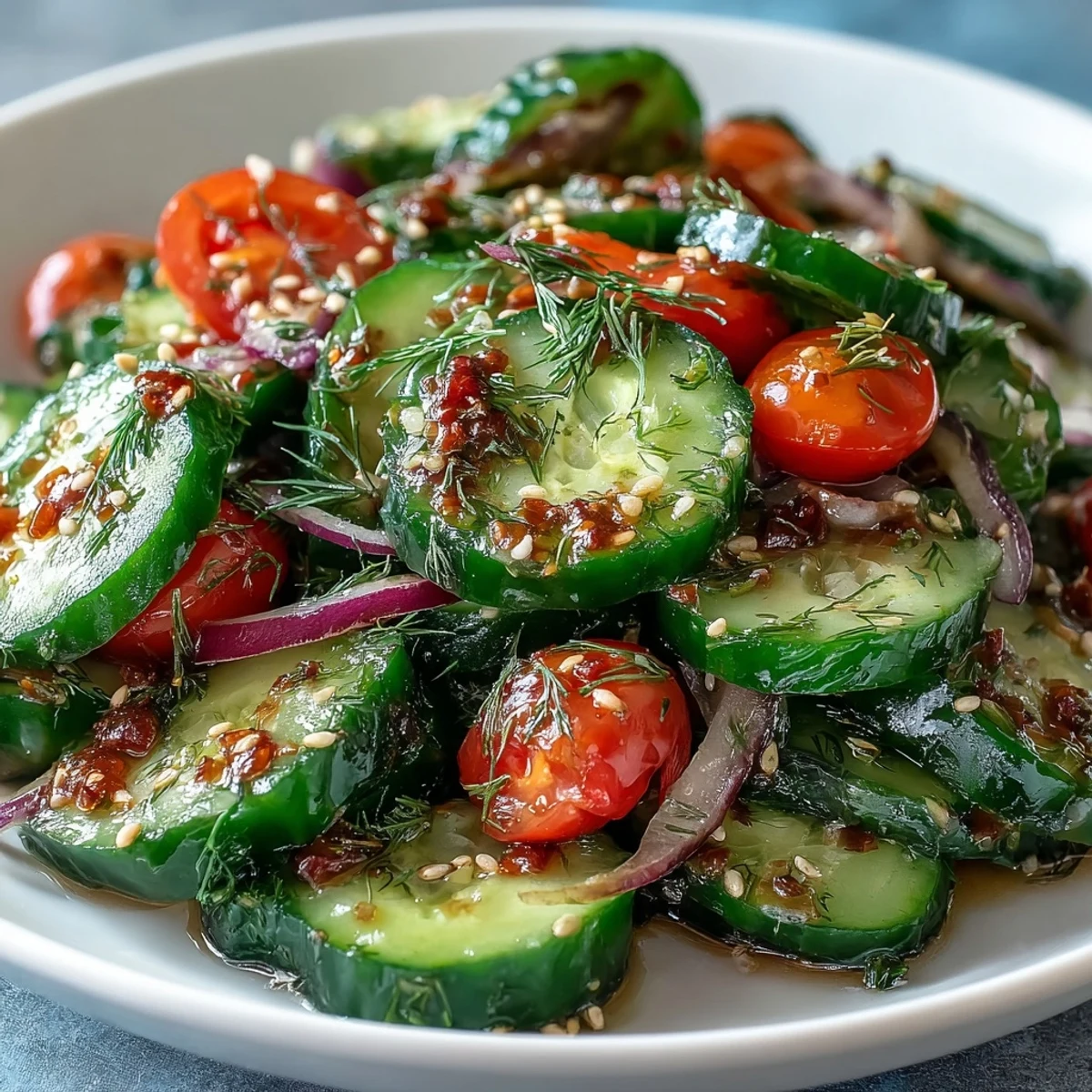 Refreshing Crunchy Cucumber Salad featuring thinly sliced cucumbers, red onion, and tangy vinegar dressing.