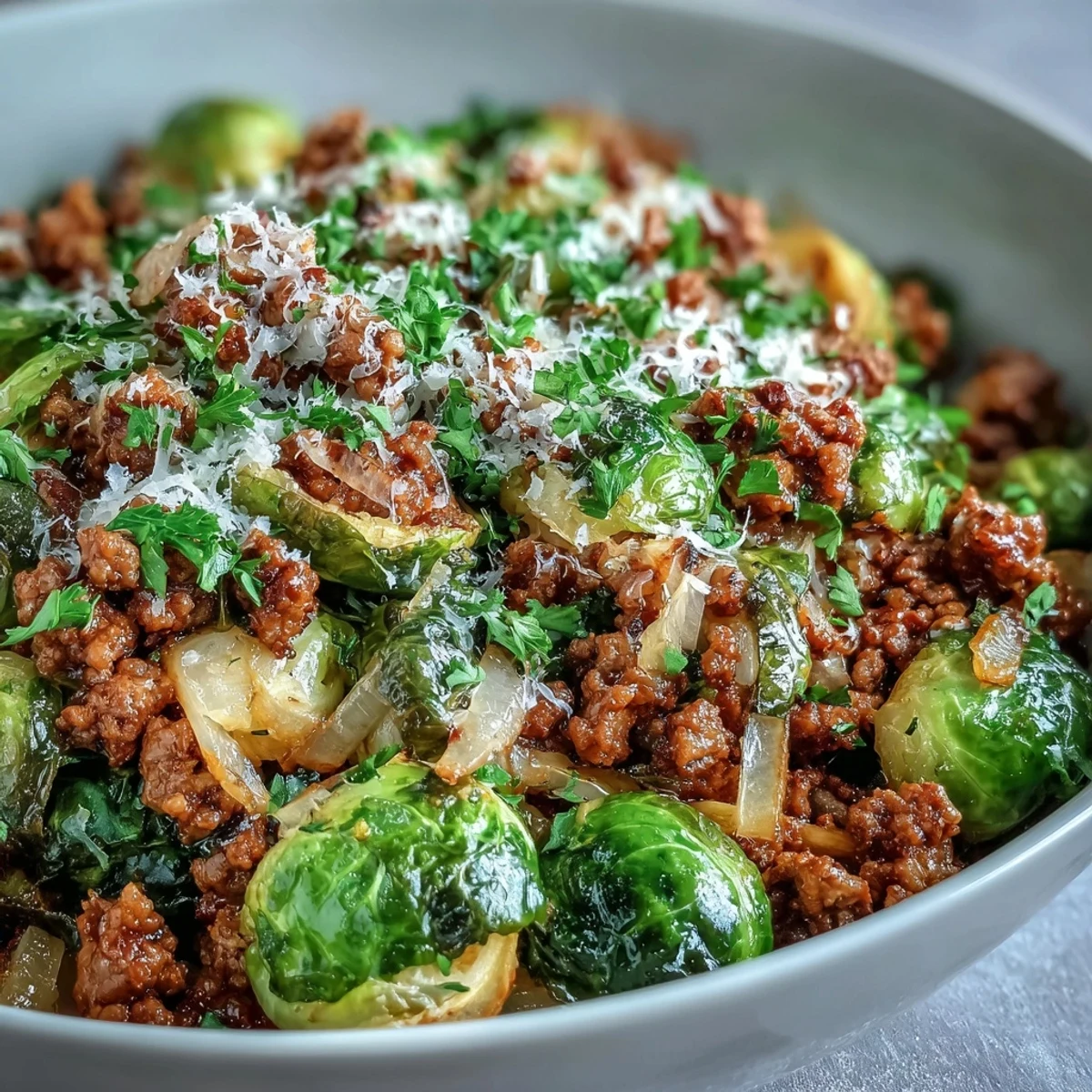 Golden-brown Brussels sprouts and savory ground turkey simmer in a skillet, garnished with fresh parsley and Parmesan.