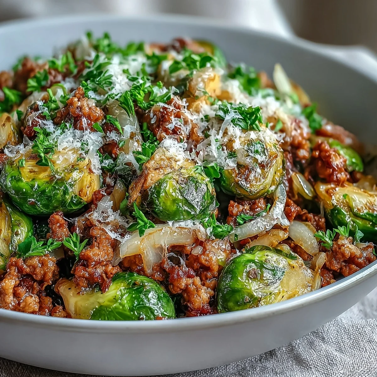 Crisp-edged sprouts sizzle alongside seasoned ground turkey, finished with a bright squeeze of lemon juice.
