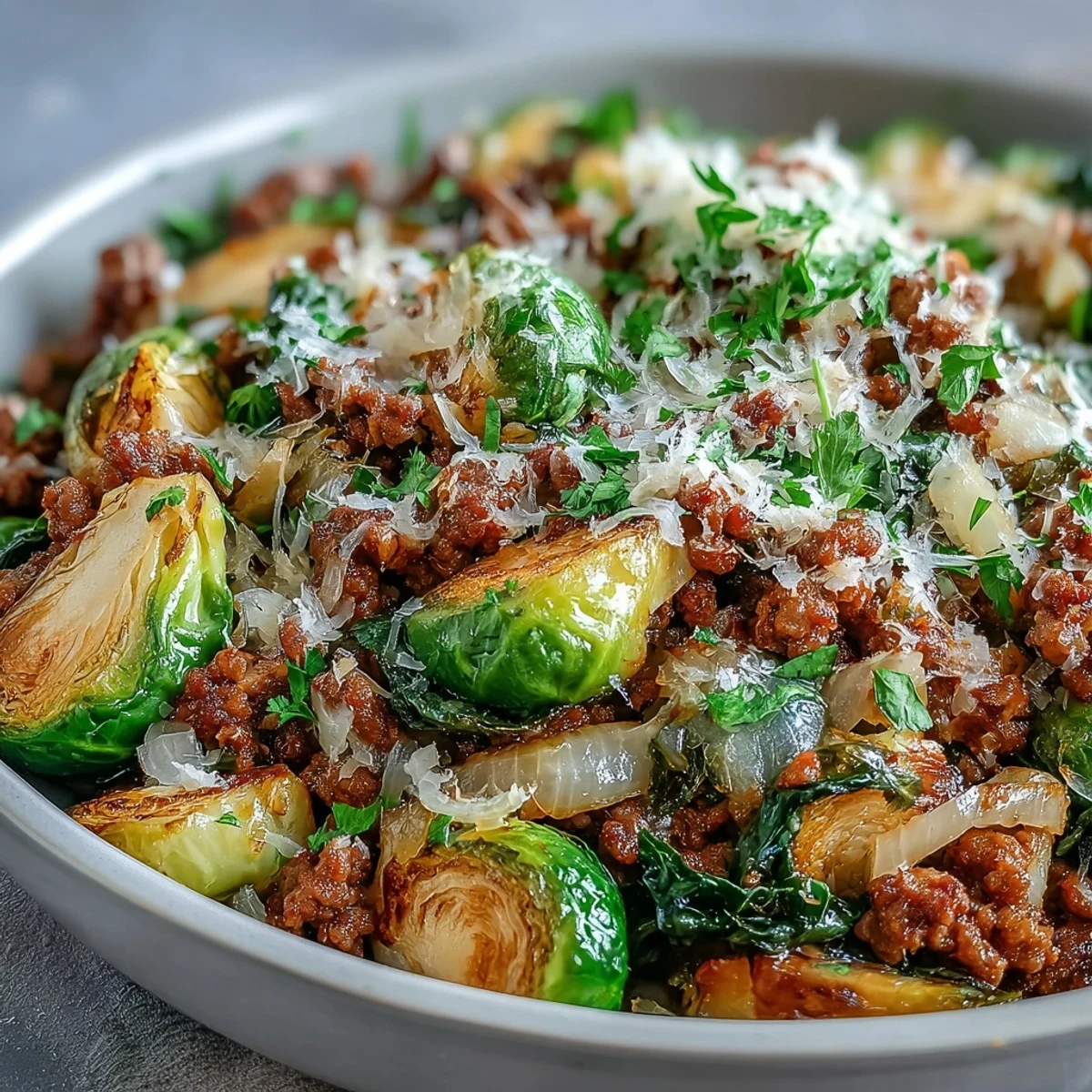 A one-pan dinner featuring tender Brussels sprouts, garlic, and paprika-spiced turkey, served warm from the skillet.