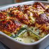 Layers of tender seared chicken and crisp zucchini slices in a creamy yogurt egg blend, topped with bubbly cheese in a baking dish.