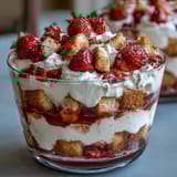 Layered Mothers Day Strawberry Shortcake Trifle featuring golden shortcake, juicy strawberries, and silky whipped cream.