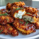 Crispy pickle brine chicken tenders glistening, perfect for dipping sauces.