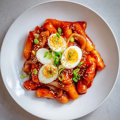 Steaming bowl of vibrant Korean Tteokbokki with chewy rice cakes and a spicy, glossy sauce.
