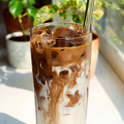 Tall glass of homemade Milo Ice Latte Hack filled with ice, chocolatey swirls, and creamy milk for a refreshing sip.  
