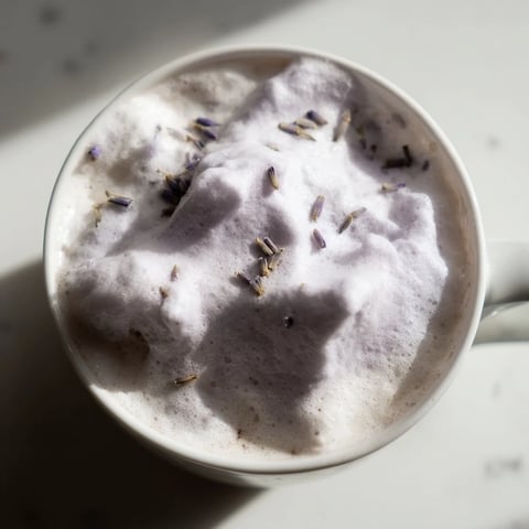 A creamy Whipped Lavender Latte with fluffy purple foam and steam rising from a rustic mug.
