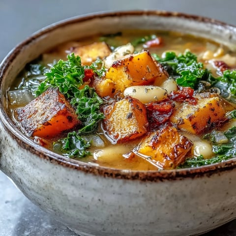 A close-up bowl of hearty Winter Minestrone Soup, packed with tender kale and butternut squash, topped with Parmesan and parsley.