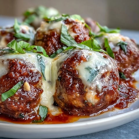 Golden-brown, cheesy garlic meatballs simmer in a rich red marinara sauce, served over spaghetti and garnished with fresh basil.