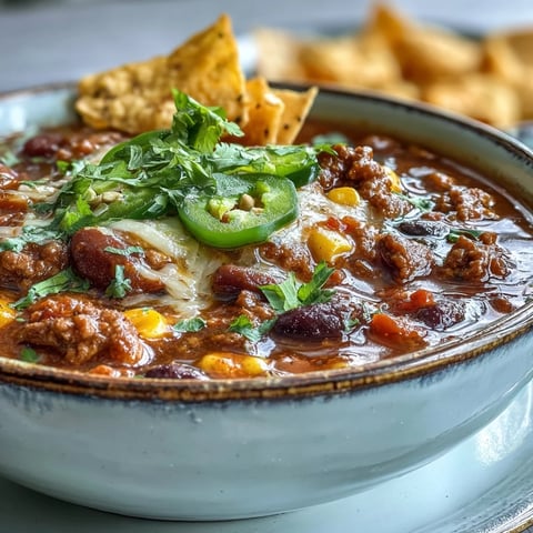 Steaming bowl of Taco Soup topped with cheese, sour cream, and fresh cilantro.