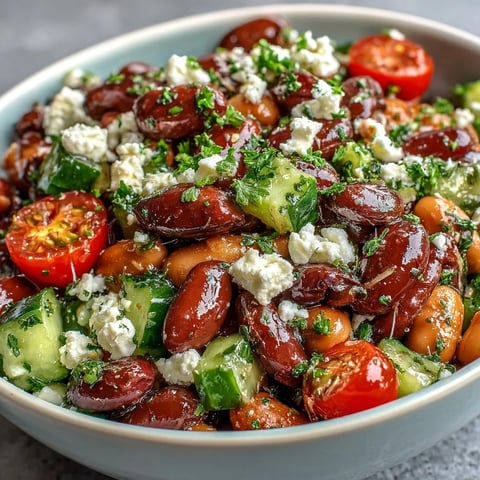 Freshly marinated Greek Bean Salad with lemon-oregano dressing, creamy feta, and crisp cucumbers served in a rustic white bowl.
