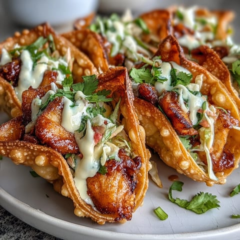 Crispy Chicken Wonton Tacos filled with golden wonton shells, spicy chicken, crunchy slaw, and creamy sriracha mayo.