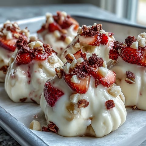 Glowing Strawberry & Banana Yoghurt Clusters rest on parchment, showcasing creamy Greek yogurt, freeze-dried fruit chips, and a sweet honey drizzle.