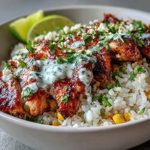 Vibrant Street Corn Chicken and Rice Bowls feature citrus-marinated chicken thighs and fluffy rice topped with smoky charred corn, zesty crema, and crumbled cotija cheese.
