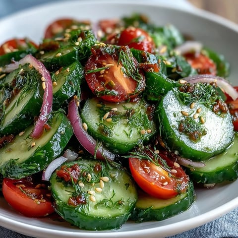 Brightly colored Refreshing Crunchy Cucumber Salad in a white bowl, garnished with fresh dill and sesame seeds.