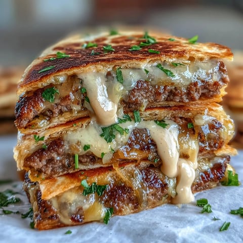 Golden-brown griddled Cheesy Griddled Smashburger Quesadillas, layered with melted cheese, patties, and onions on a wooden board.