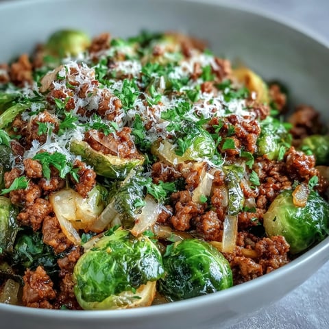 Golden-brown Brussels sprouts and savory ground turkey simmer in a skillet, garnished with fresh parsley and Parmesan.