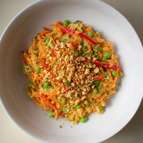 Vibrant Spicy Peanut Noodle Salad, featuring rice noodles and fresh herbs, ready to serve.