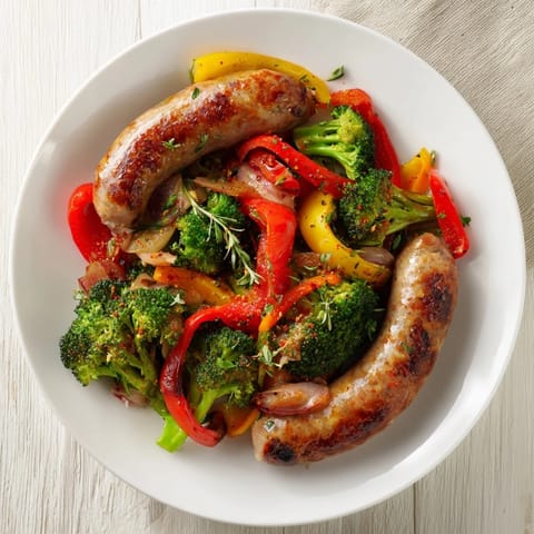 Sheet-pan sausage, broccoli, and bell peppers: Roasted sausages nestled with colorful vegetables, ready to serve.