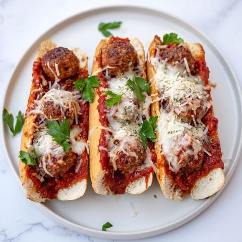 Meatball Marinara Sub Sandwiches overflowing with cheesy, saucy goodness, a delicious Italian-American dish layered in toasted bread.
