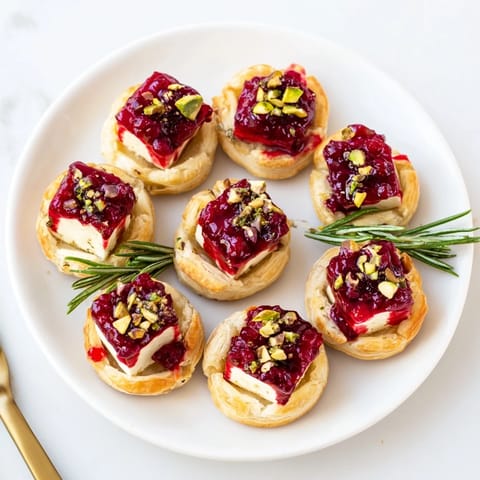 These beautiful Mini Cranberry Brie Tart Wreaths feature warm, melted Brie with tart cranberry sauce on buttery pastry.