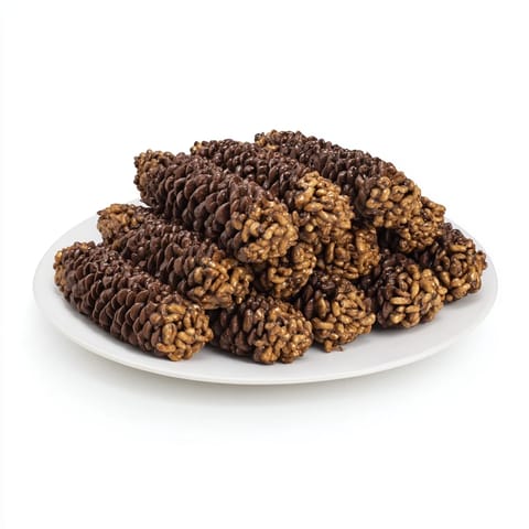 Close-up of freshly made pinecone-shaped nut butter snacks, perfect for a winter holiday dessert.