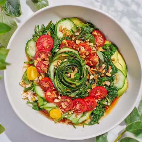 A colorful photo of the Golden Ratio Salad, featuring artful arrangement of fresh ingredients and feta.