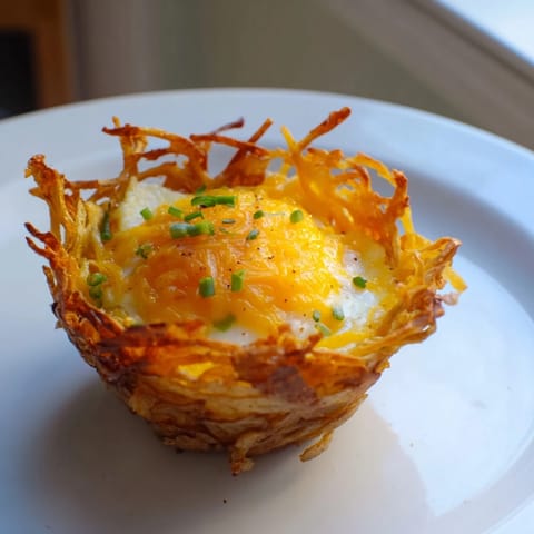 Savory breakfast image: Crispy hashbrown egg nests look delicious with fresh green chives sprinkled on top.