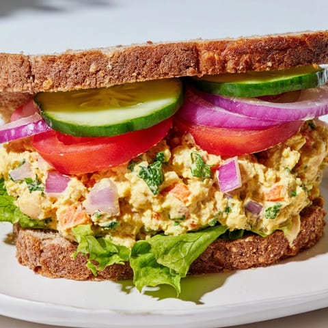 Freshly assembled Easy Chickpea Salad Sandwich, with visible layers of vibrant vegetables and creamy filling.