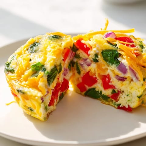 Savory veggie egg muffins ready to eat, showing a colorful mix of vegetables and melted cheese.