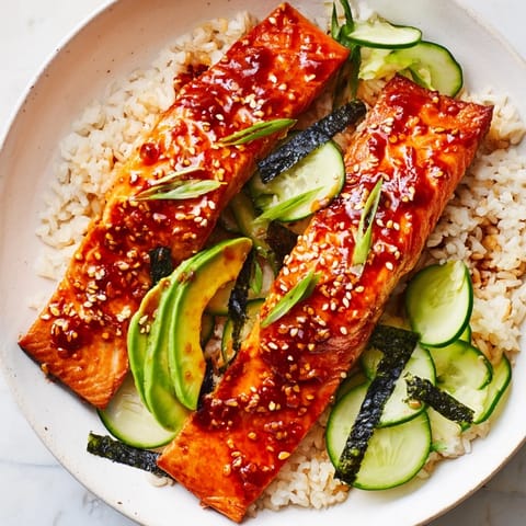 This Emily Mariko-inspired gochujang salmon bowl has beautifully glazed salmon on a bed of rice and vegetables.