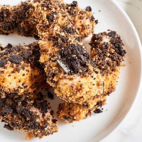 Close-up of freshly fried KFC Oreo Krusher-inspired chicken tenders, a sweet, savory American fusion dish.