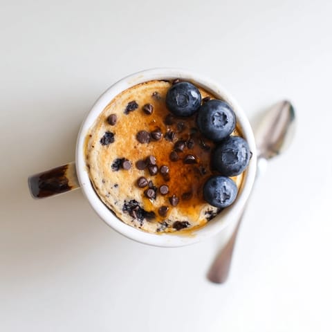 A freshly microwaved, fluffy Microwave Mug Pancake steams softly, showing a golden-brown top and a few melted chocolate chips inside.