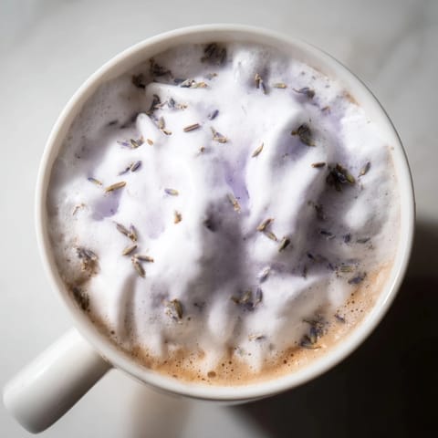 Two mugs of homemade Whipped Lavender Latte topped with swirls of fragrant foam and lavender buds.