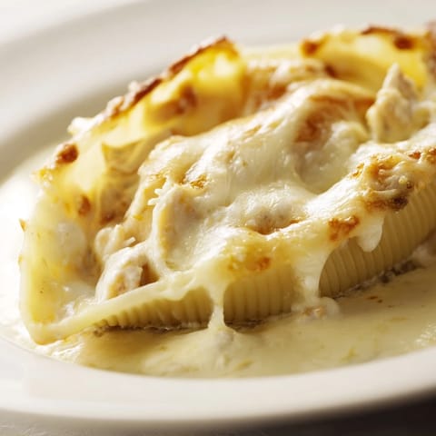 A close-up shows creamy Alfredo sauce and tender pasta shells filled with cheesy chicken, baked to perfection.  