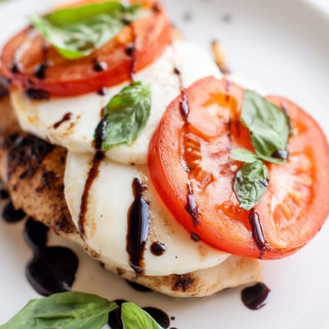 Caprese Chicken Skillet topped with ripe tomatoes and melted mozzarella, drizzled with sweet balsamic glaze.  