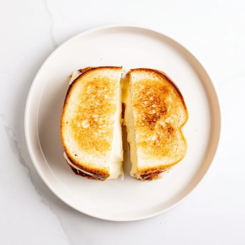 Freshly prepared Three-Cheese Grilled Cheese, featuring a gooey cheese pull and a buttery, crispy crust on country-style bread.  