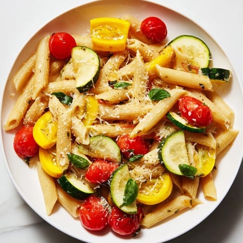 The finished Garden Veggie Pasta dish in a white bowl, garnished with Parmesan and lemon zest, ready to be enjoyed as a light summer meal.  