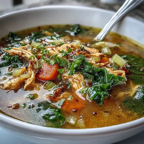 Vibrant high protein lemon turmeric chicken soup with tender chicken and bright kale.